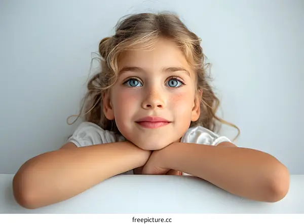portrait of a cute blonde caucasian little girl with blue eyes