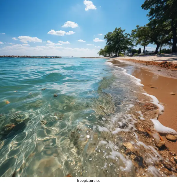 The crystal clear water and white sand beach of a beautiful lake