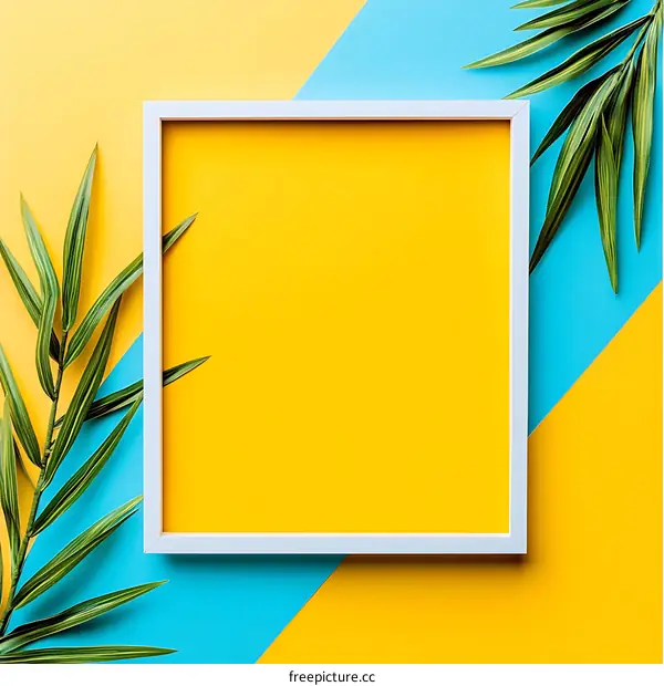 White Frame with Green Leaves on Yellow and Blue Background