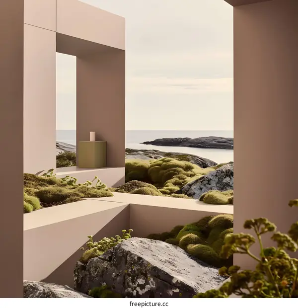 Minimalist Architecture with Mossy Landscape and Ocean View