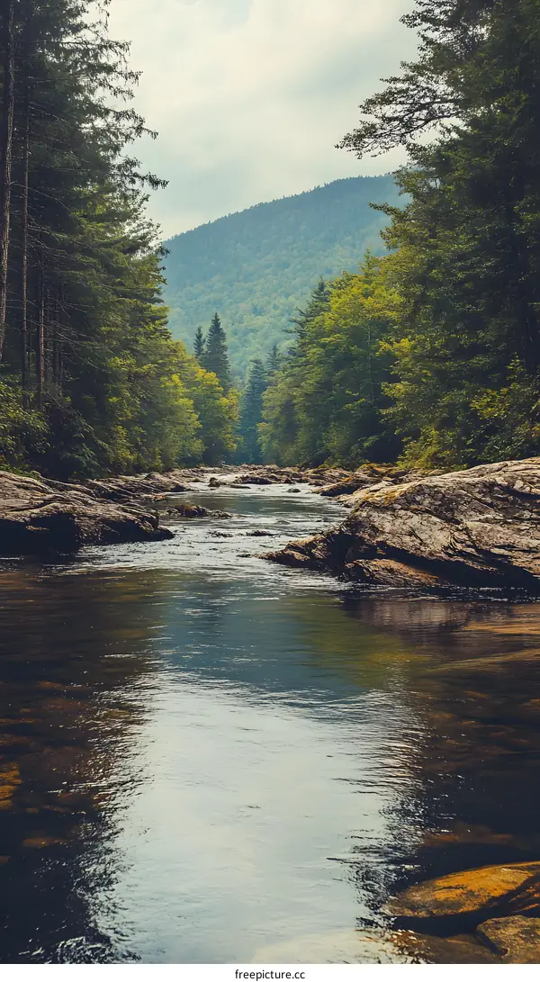 Forest River with Lush Green Trees and Mountains in Background