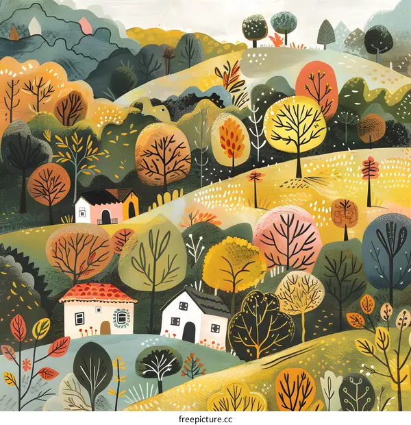 Autumn Landscape with Colorful Trees and Houses