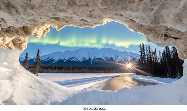 Aurora Borealis View From Under A Snow Covered Rock