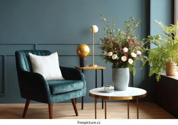 Stylish Living Room Decor with Teal Velvet Chair