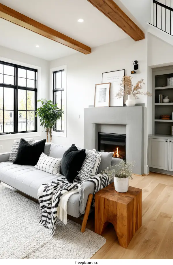 Modern Living Room Design with Fireplace and Wooden Beams