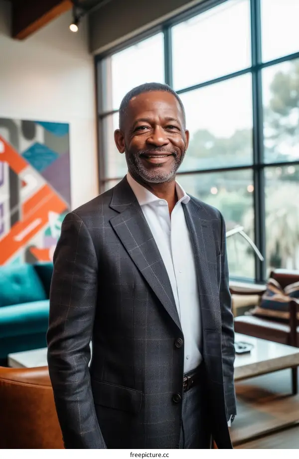 A smiling African-American businessman wearing a suit stands in an office