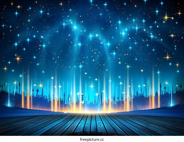 Blue Night Sky with Shining Stars Above a Wooden Platform