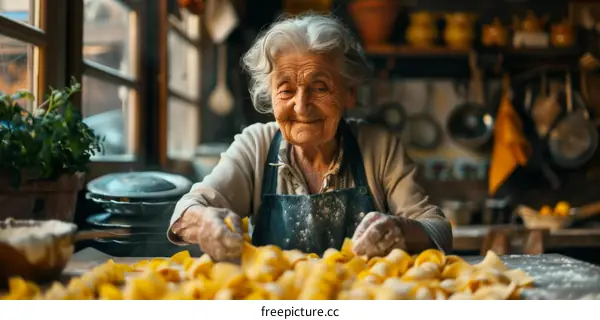 An elderly Italian woman is making pasta in a rustic kitchen.