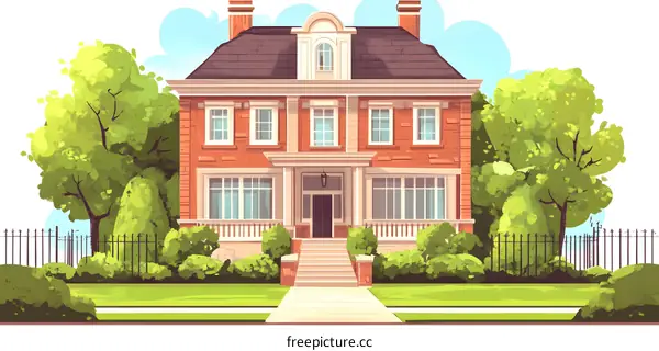 Cartoon Illustration of a Two Story Brick Home