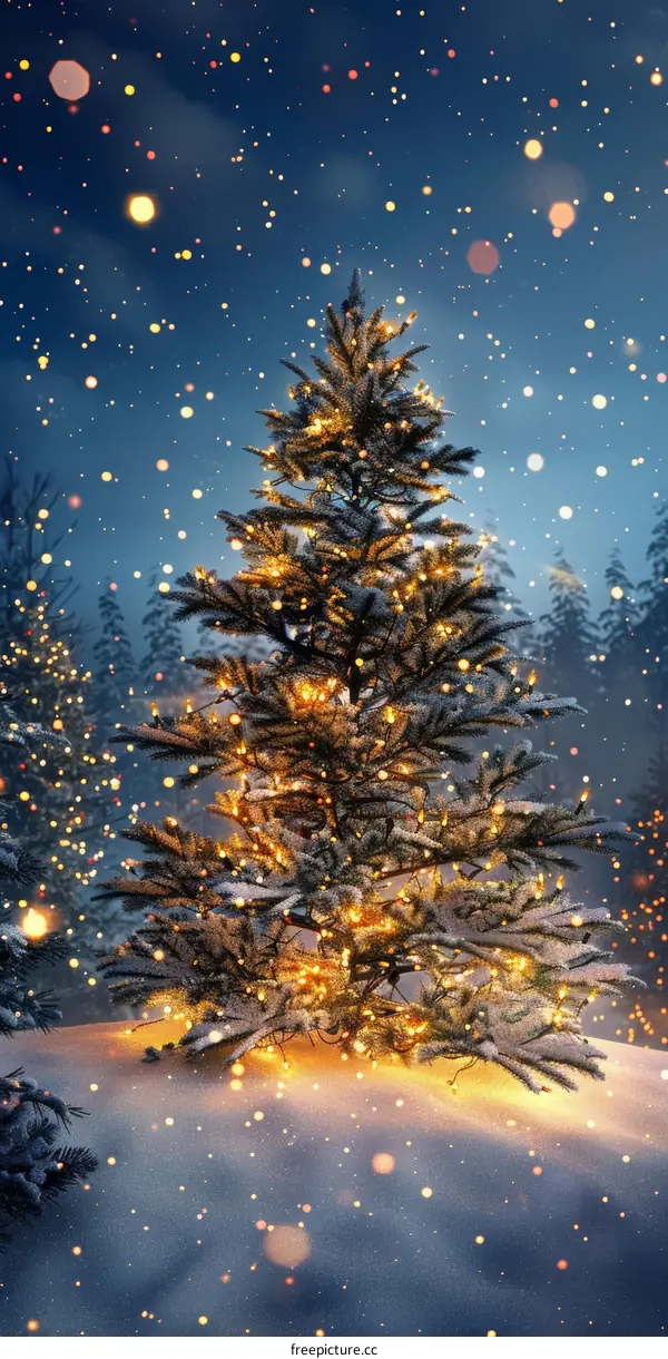 Christmas tree shining bright in snowy forest