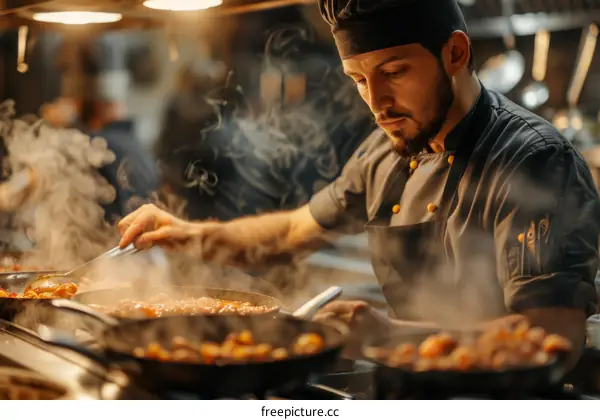 Focused male chef cooking in a busy restaurant kitchen