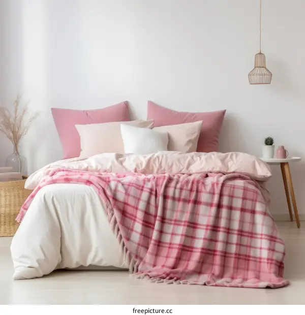 Simple and cozy bedroom interior with pink and white bedding and a pink checked blanket