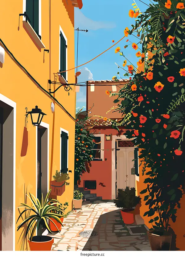 Colorful Alleyway with Flowers and Buildings