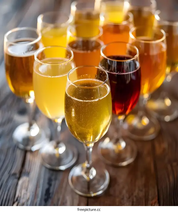 Variety of Yellow and Red Wines in Glasses on Wooden Table