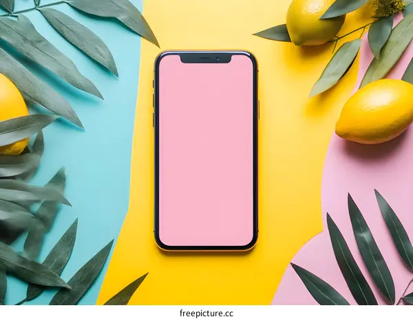 Modern Flat Lay With Lemons and Phone on a Colorful Background