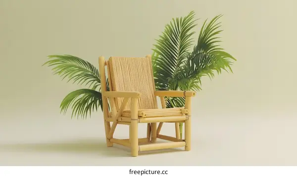 Bamboo Chair with Palm Leaves on a Green Background