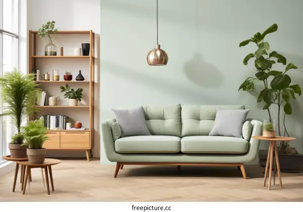 A living room with a green sofa, coffee table, and plants