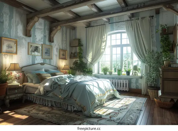 Elegant Bedroom Interior Design With Wooden Beams