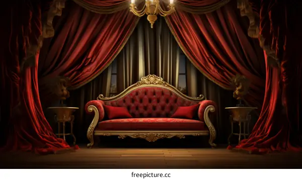 Ornate Red Velvet Theater Sofa: Luxury, Vintage Design
