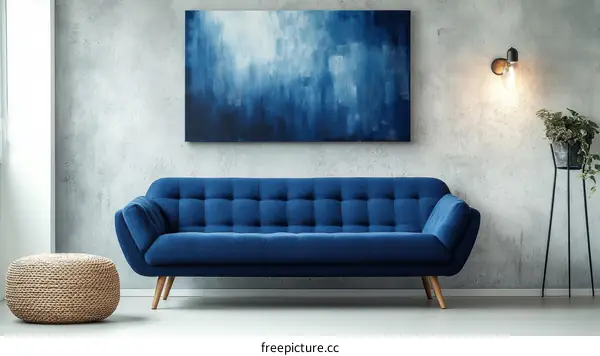 Modern Living Room Interior Design with Blue Sofa and Abstract Art