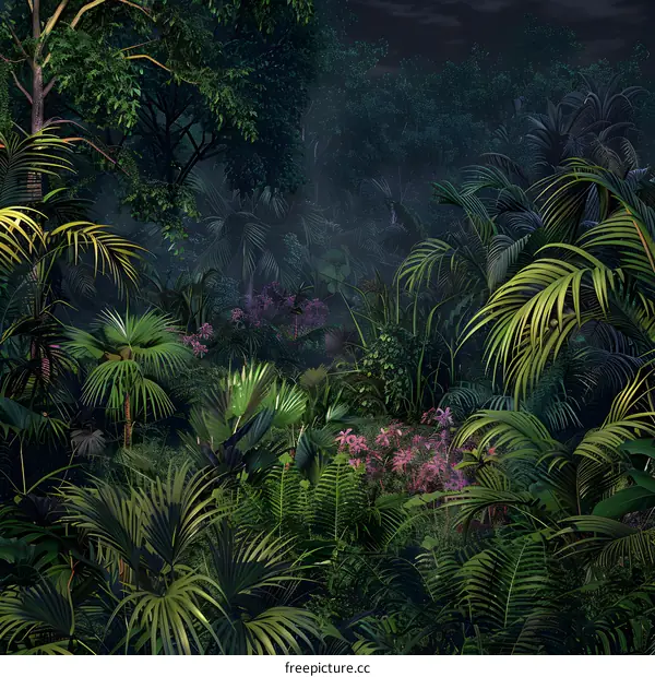 Dense Tropical Rainforest at Night
