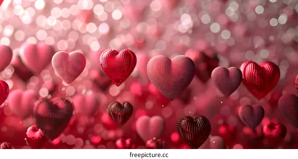 Red and pink heart-shaped balloons float against a blurred background of pink and white lights.
