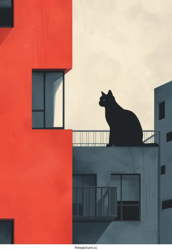 A black cat gazes out from a rooftop at the city below