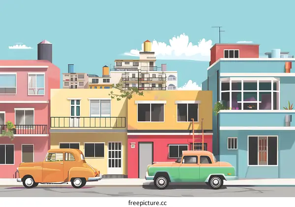 Colorful Cityscape with Two Retro Cars and a Blue Sky