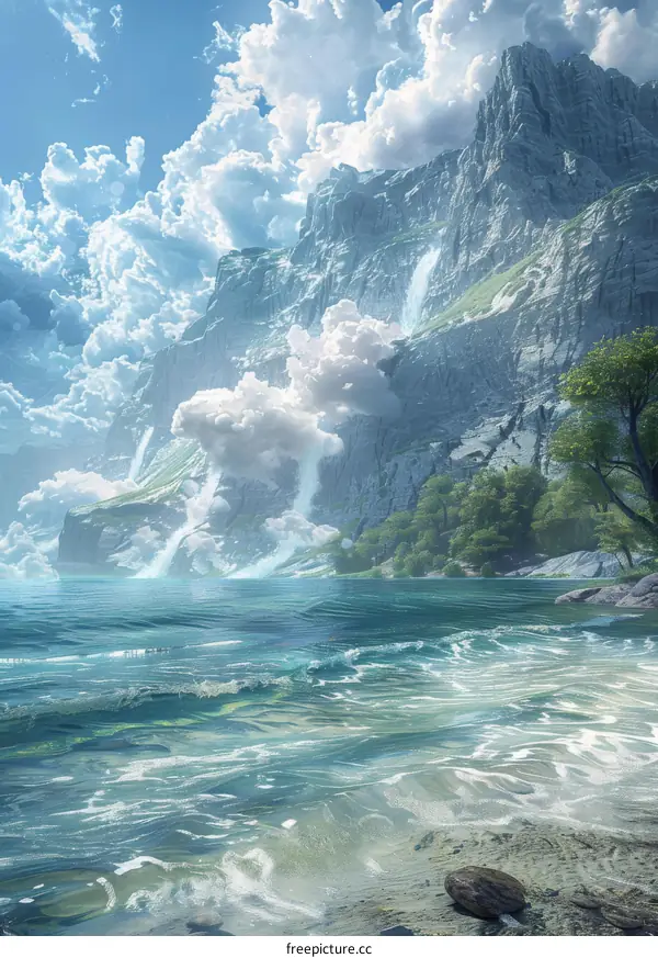 Breathtaking Seascape with Towering Mountains and Azure Sky