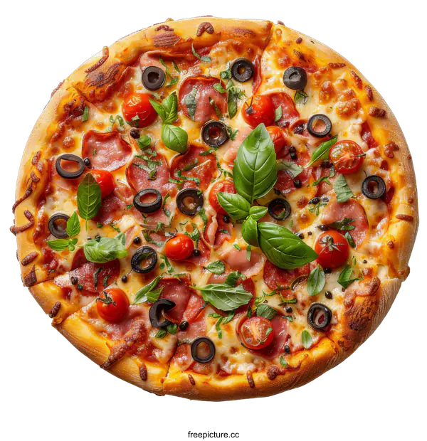 [Transparent Background PNG]Delicious pizza with pepperoni, tomatoes and olives