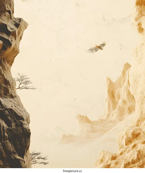 Minimalist Mountain Illustration with a Bird Flying Above