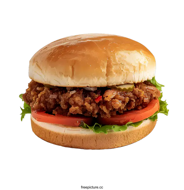 [Transparent Background PNG]Crispy Fried Chicken Burger with Lettuce Tomato and Pickle