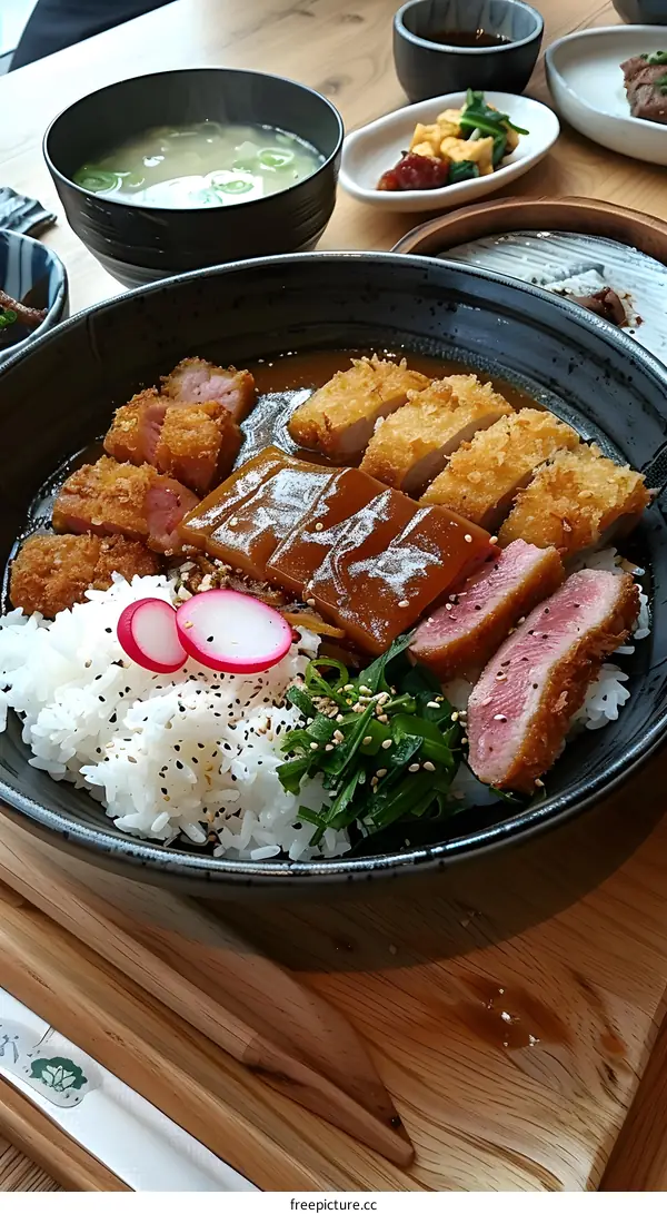 Japanese Katsu Curry Rice Bowl with Pork and Beef