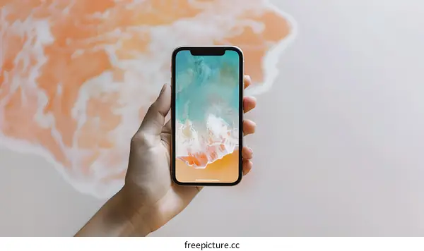 Hand Holding Smartphone With Beach Wallpaper