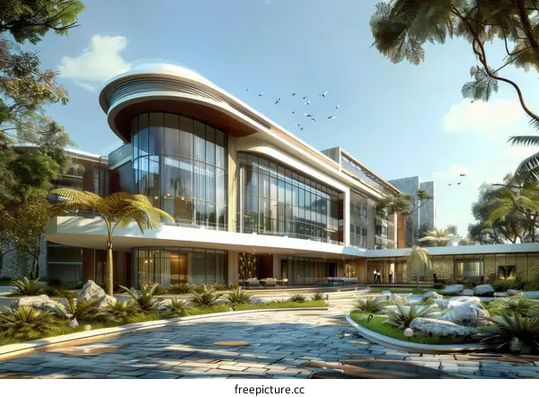 Modern Architectural Design of a Luxurious Building with Tropical Landscaping