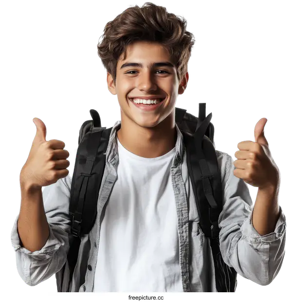 [Transparent Background PNG]Happy Teenager with Backpack Showing Thumbs Up
