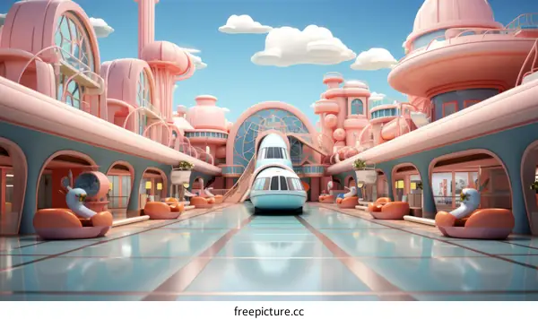 Futuristic Pink and Blue City Train Station