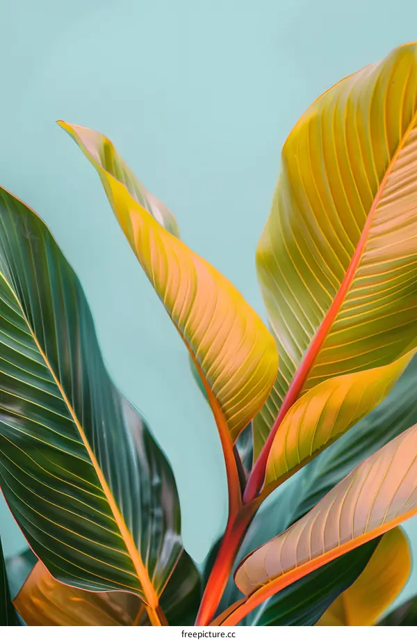 Vibrant Tropical Leaves Against a Blue Background