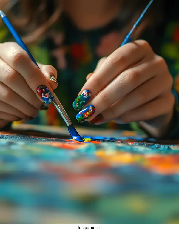 Close Up of Hands Painting with Brush and Colorful Nail Art