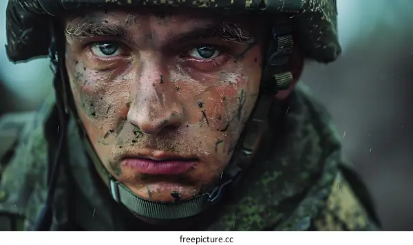 Closeup Portrait of a Soldier with Camouflage Paint on his Face
