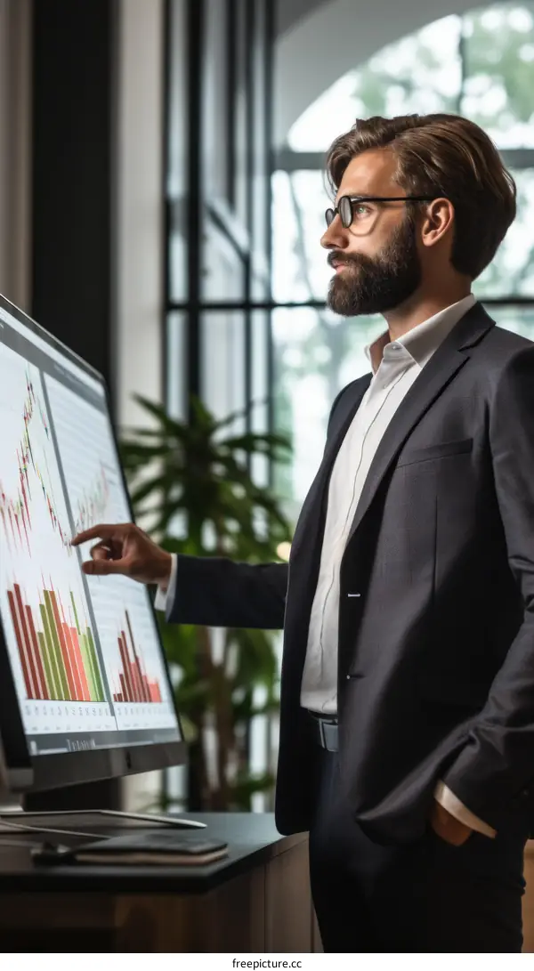 Businessman analyzing financial data on computer screen