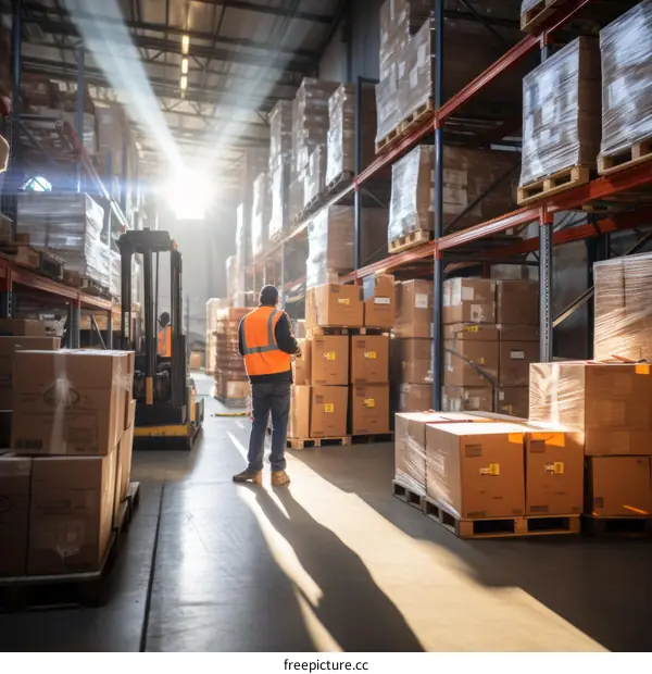 Warehouse worker in a large warehouse full of boxes and a forklift
