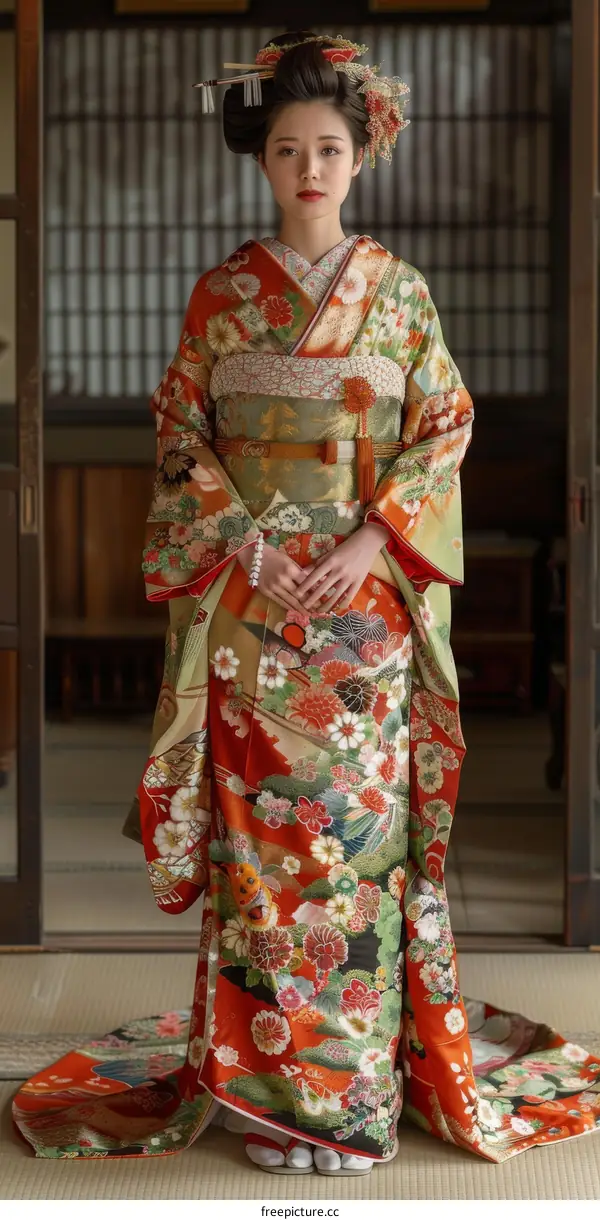 A Japanese bride wearing a traditional wedding kimono