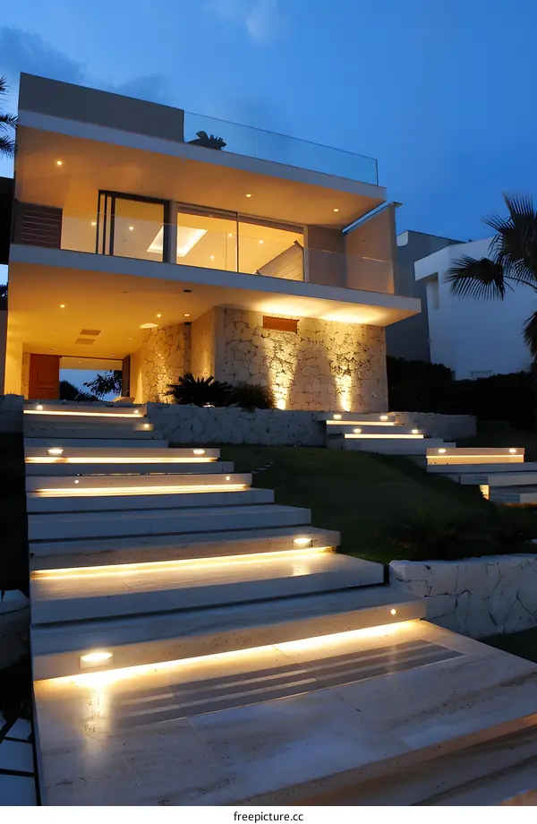 Modern House Entrance with Stone Steps and Lights