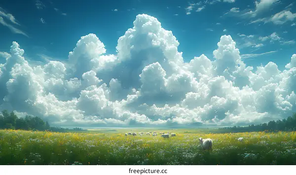 A Picturesque Meadow Under a Majestic Sky with Fluffy Clouds