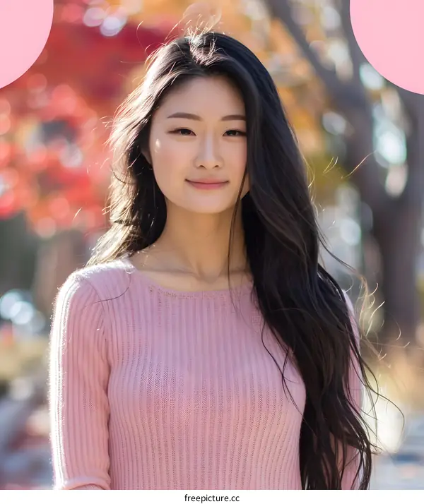 Portrait of a Young Asian Woman in Pink Sweater and Long Black Hair