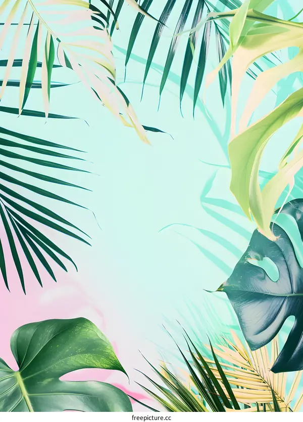 Tropical Palm Leaves on a Blue and Pink Background