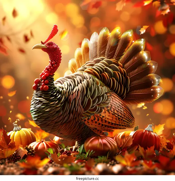 A Thanksgiving turkey surrounded by pumpkins and fall leaves.