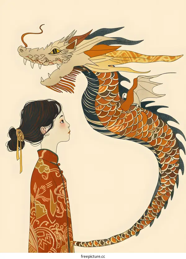 Young Woman in Red Dress With Dragon