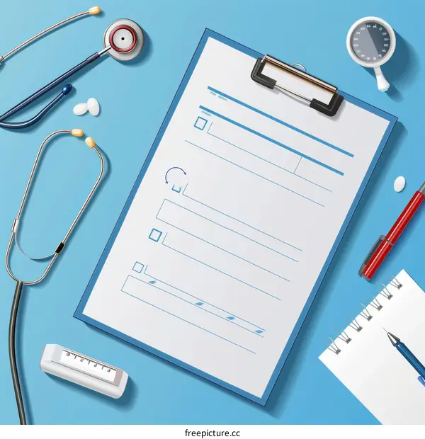 Medical Clipboard with Stethoscope, Pills, and Pen